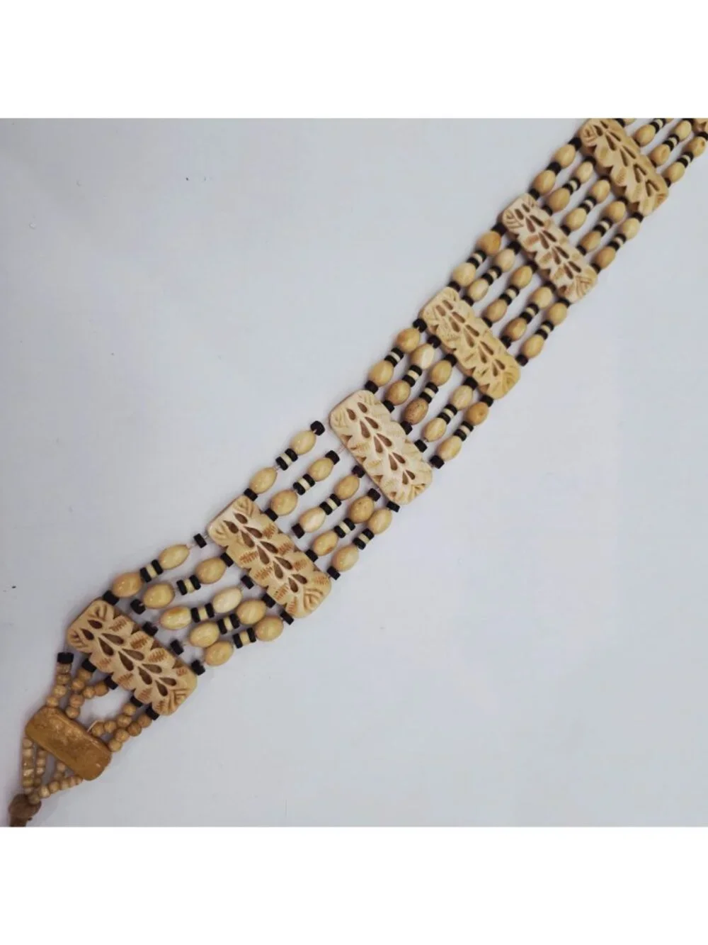 Hand-Carved Bone Beaded Belt With Intricate Leaf Pattern & Button Closure
